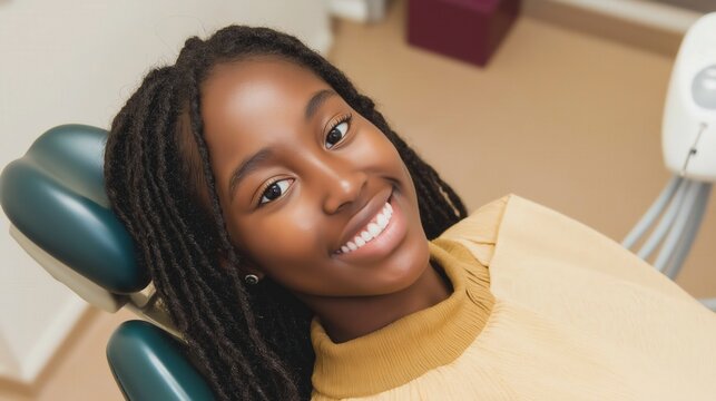 A young Black girl enjoying her dentist visit with a bright smile, emphasizing dental health and care on National Dentists Day - Powered by Adobe