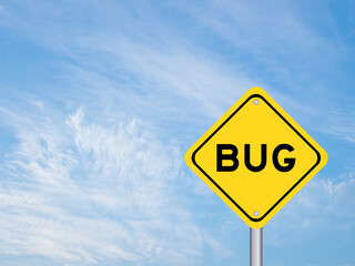 Yellow transportation sign with word bug on blue color sky background