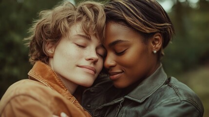 Fototapeta premium Two People of Different Genders Embracing in a Natural Setting