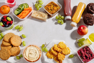 Premade gluten free supermarket ready meal top view. Quick food to eat on the go for lunch break, web banner, copy space