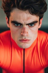 Intense Portrait of Young Male Athlete in Bright Orange Sports Suit