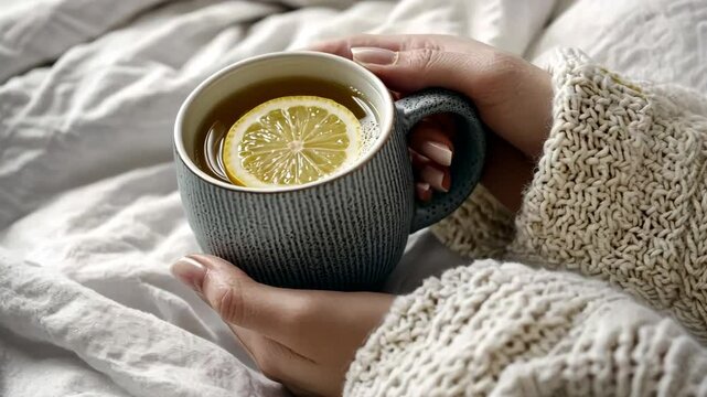 Woman with Herbal Tea banner. Female hands in warm sweater holding a cup of tea with lemon in a bed with plaid. Copy space. Cozy atmosphere, aesthetic minimal style. Autumn and winter theme. Vitamins