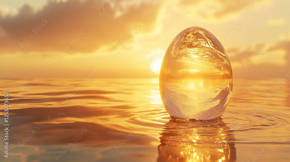 Poster a glowing transparent egg-shaped object floating on calm water at sunset, reflecting golden light, s