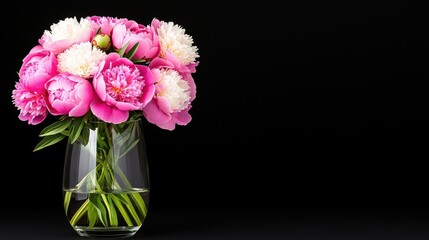 Fototapeta premium Pink and White Peonies in Vase on Black Background