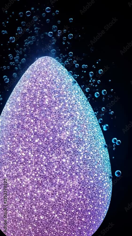 Poster elegant purple and blue sparkling egg shape with bubbles rising against a black background creating 