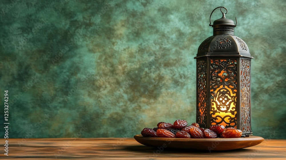 Poster elegant ramadan concept with traditional lantern and dates on a wooden table against a textured gree