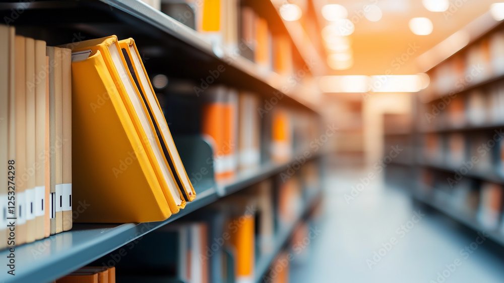 Poster blurred view of bookshelves filled with colorful folders and books in library, creating warm and inv