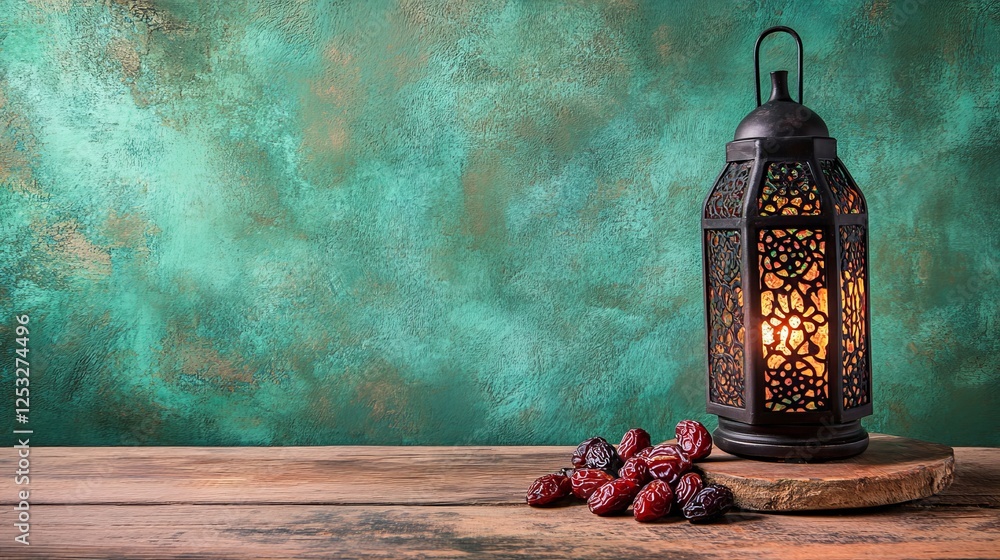 Poster elegant ramadan concept with traditional lantern and dates on a wooden table against a textured gree