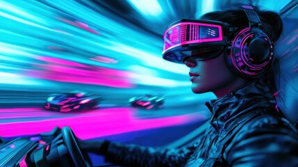 Futuristic Driver with VR Headset in Neon Racing Environment