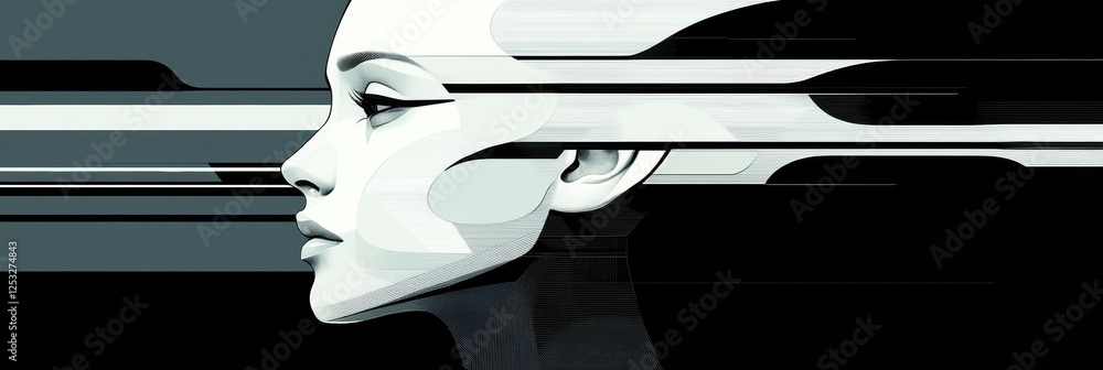 Poster modern abstract portrait featuring ethereal lines and shading in monochrome colors against a dark ba