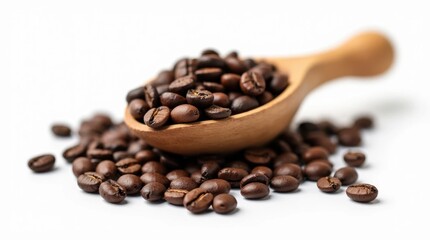 Rustic Wooden Scoop Overflowing with Coffee Beans on White Background