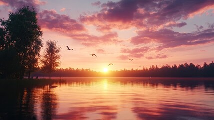 Fototapeta premium A beautiful sunset over a calm lake, with silhouettes of trees and birds flying across the colorful sky