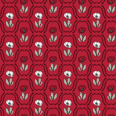 Poppy flowers realistic doodle plants seamless pattern. Floral print for tee, paper, textile and fabric. Hand drawn illustration.