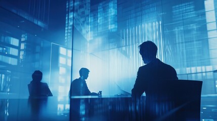 Business meeting in a modern office with blue hues and city view