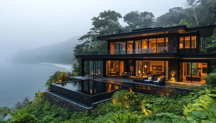 Obraz premium Modern cliffside home with infinity pool overlooking misty ocean at dusk
