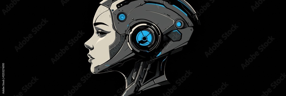 Poster futuristic robotic head with intricate design and glowing blue accents appears in profile view. gene