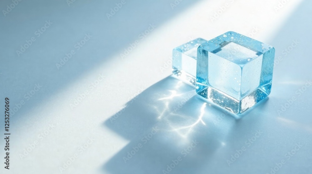 Poster two translucent cubes illuminated by sunlight cast intriguing shadows on a pale blue surface.