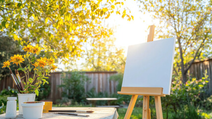 serene outdoor scene featuring easel with blank canvas, surrounded by vibrant flowers and sunlight filtering through trees, inspires creativity