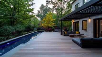 Fototapeta premium Modern Patio With Pool And Wooden Deck At Dusk