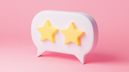 3D icon of a chat bubble with three stars, pastel color background, minimalistic style