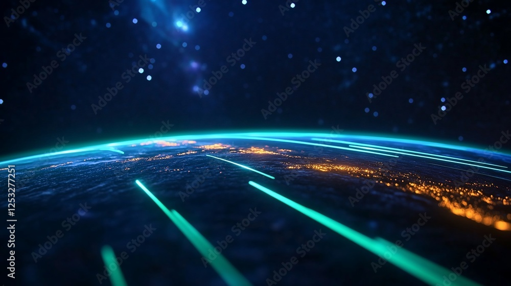 Poster global connectivity, a view of earth from space with luminous data streams