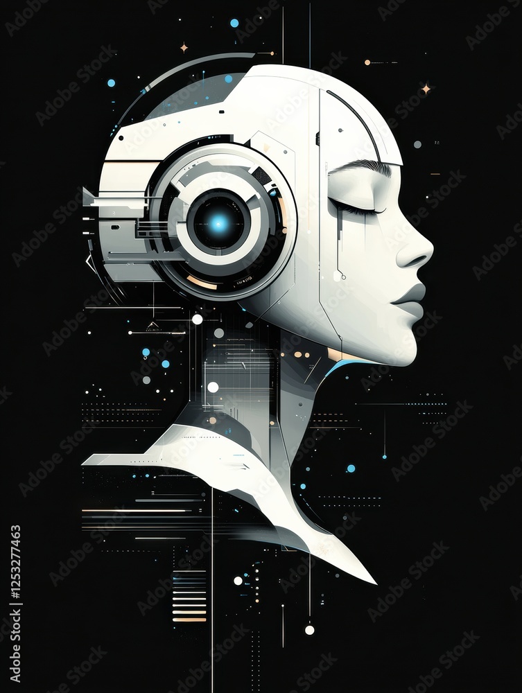 Aufkleber exploration of artificial intelligence through a futuristic female robot design with intricate detai
