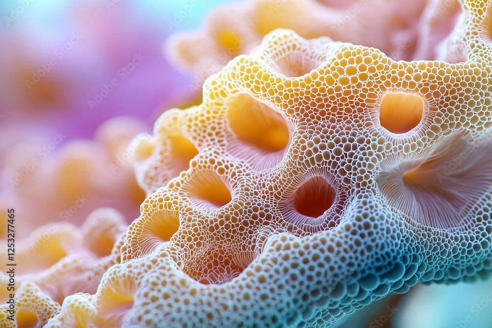 Poster close up of vibrant coral structure showcasing intricate patterns and textures. colorful hues create