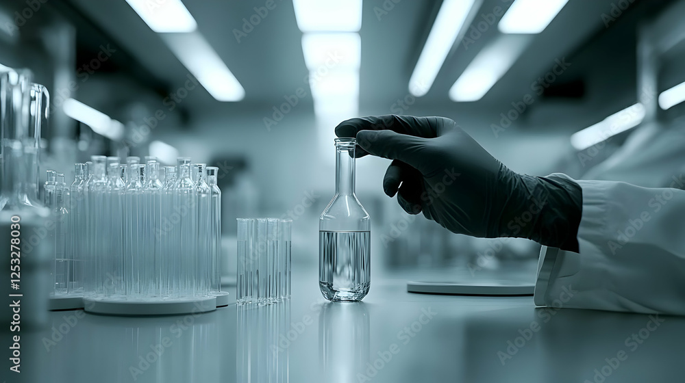 Poster scientist examining sample in lab; colleagues work in background; research