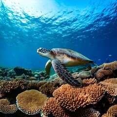 Obraz premium view of a sea turtle swimming among coral reefs 