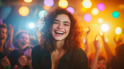 curly haired woman smiles joyfully at open air concert, surrounded by lively crowd and colorful lights. atmosphere is vibrant and energetic, capturing essence of fun and celebration