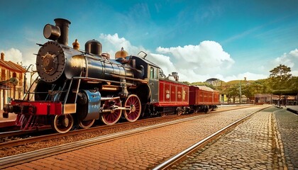 Naklejka premium train station with steam engines and old-fashioned suitcases 