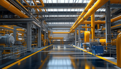 Fototapeta premium Industrial factory interior with bright yellow pipelines and blue machinery components