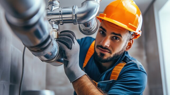 A focused shot of a plumber installing plumbing fixtures in a commercial office tower, Office tower plumbing installation scene, Plumbing craftsmanship style