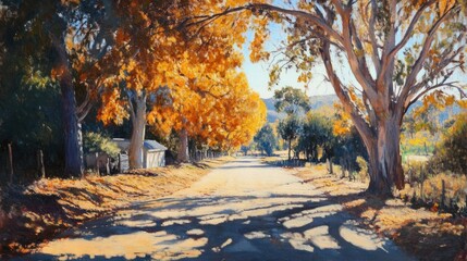 Autumnal Road, Golden Hues and Shadows