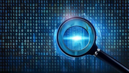 exploration of digital data through a magnifying glass against a backdrop of binary code