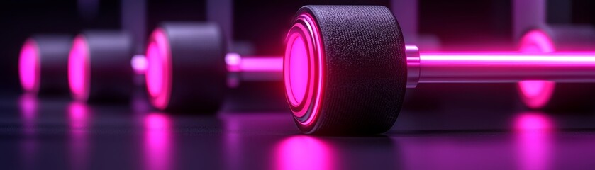 A futuristic scene featuring glowing dumbbells with a vibrant pink hue, showcasing modern fitness equipment in a sleek environment.