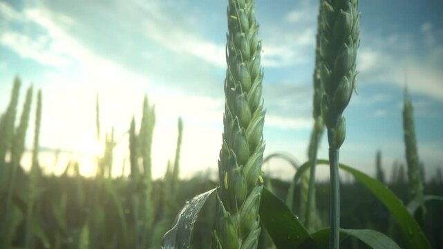 Farmer works in wheat field at sunset, touching yellow ears of wheat with his hands, Grain of wheat in ears. Agricultural business, Farmers hand touches ears of wheat in field, inspecting his harvest