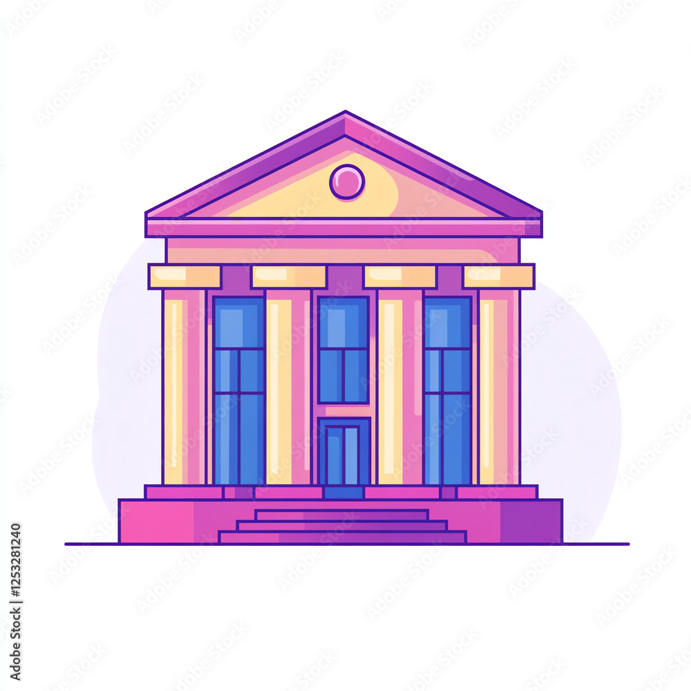 Poster an artistic illustration of a classical building with grand columns and a vibrant color palette, sym