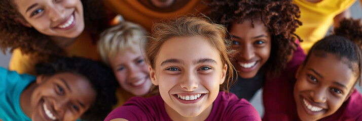 Obraz premium joyful group of diverse young people smiling together, showcasing friendship and unity. Their vibrant clothing adds to cheerful atmosphere, highlighting their connection