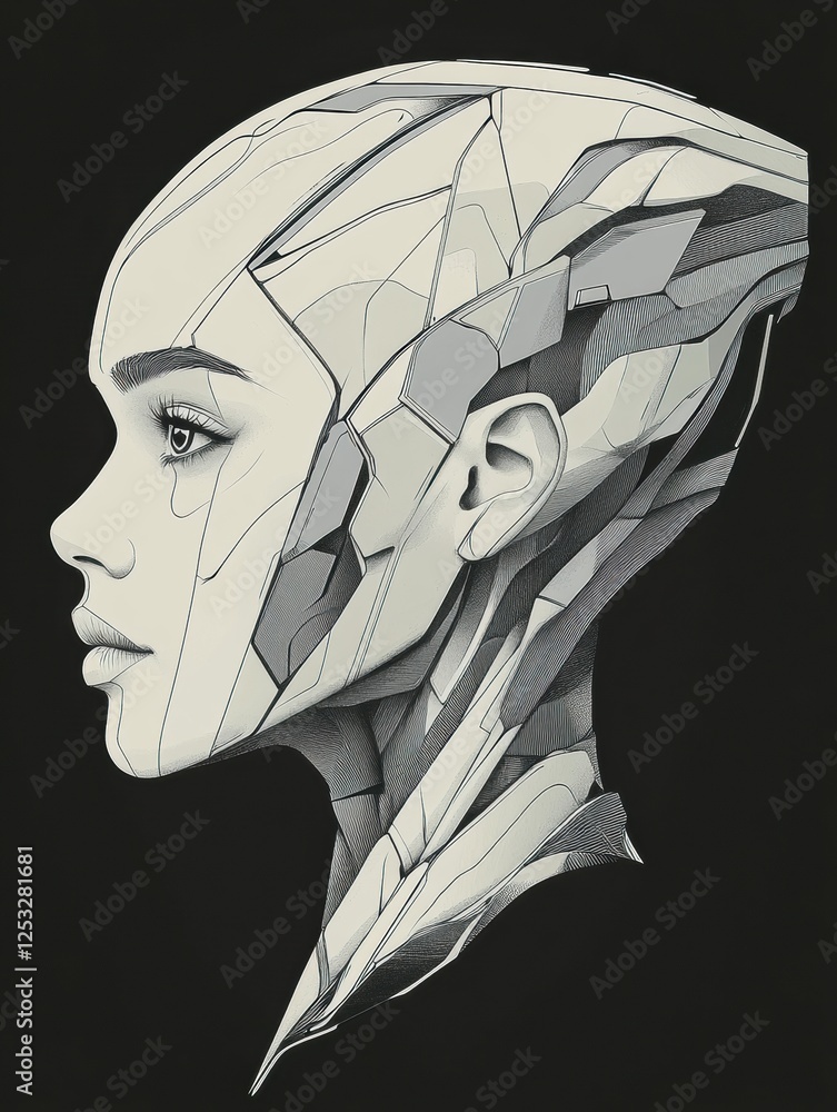 Aufkleber futuristic design of a humanoid figure with intricate geometric patterns and stylized features again