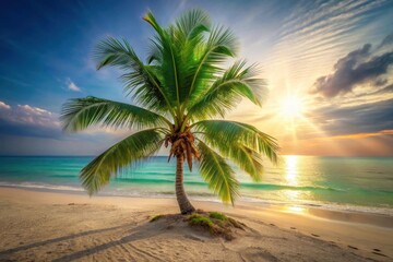 Obraz premium Serene Sunset A Single Palm Tree Silhouetted Against a Vibrant Ocean Horizon at Golden Hour