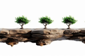 Three green trees growing on a floating rock platform with a white background. Surreal landscape concept with isolated terrain. Environmental and nature conservation theme.