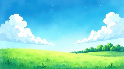 Fototapeta premium Serene Summer Meadow Landscape with Puffy Clouds and Lush Green Grass Under a Bright Blue Sky