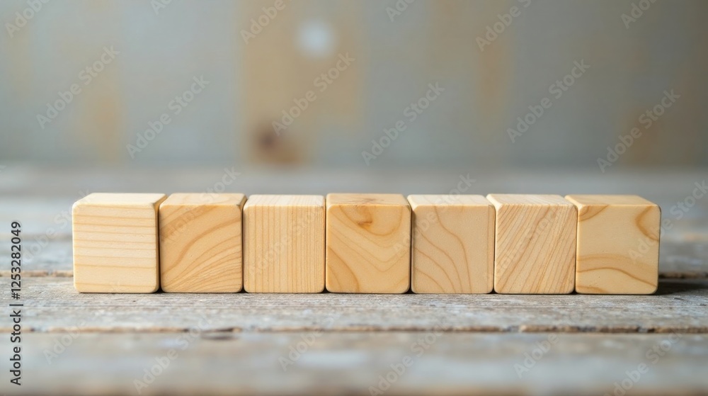 Poster Wooden blocks arranged in a row on a rustic surface, showcasing potential for messaging or design
