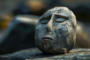 Stone sculpture of a human face with closed eyes and a solemn expression resting on a rock surface. Ancient artifact or conceptual artwork with detailed texture and weathered appearance.