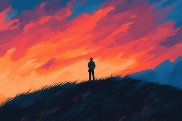 Fototapeta premium Person Standing on Hilltop Against Vibrant Sunset Sky Colors