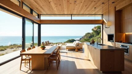 Fototapeta premium Coastal Home Design Open Floor Plan with Ocean Views, Wood Accents, and Modern Kitchen