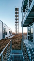 Fototapeta premium Modern Metal Building Complex with Tall Tower Under a Blue Sky