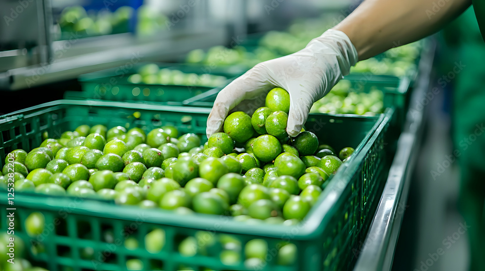 Poster worker sorting limes in factory