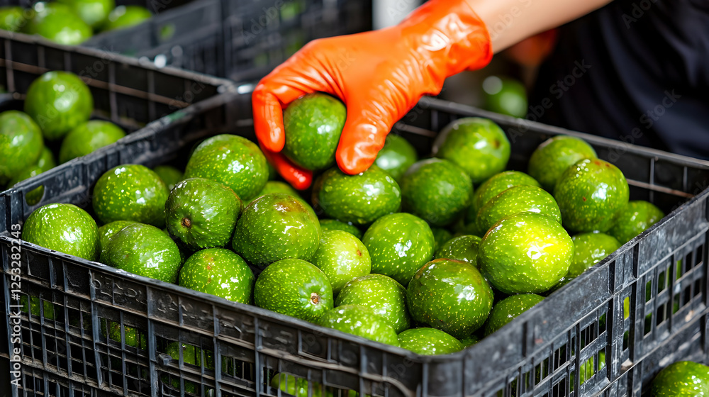 Poster worker sorting avocados in crates
